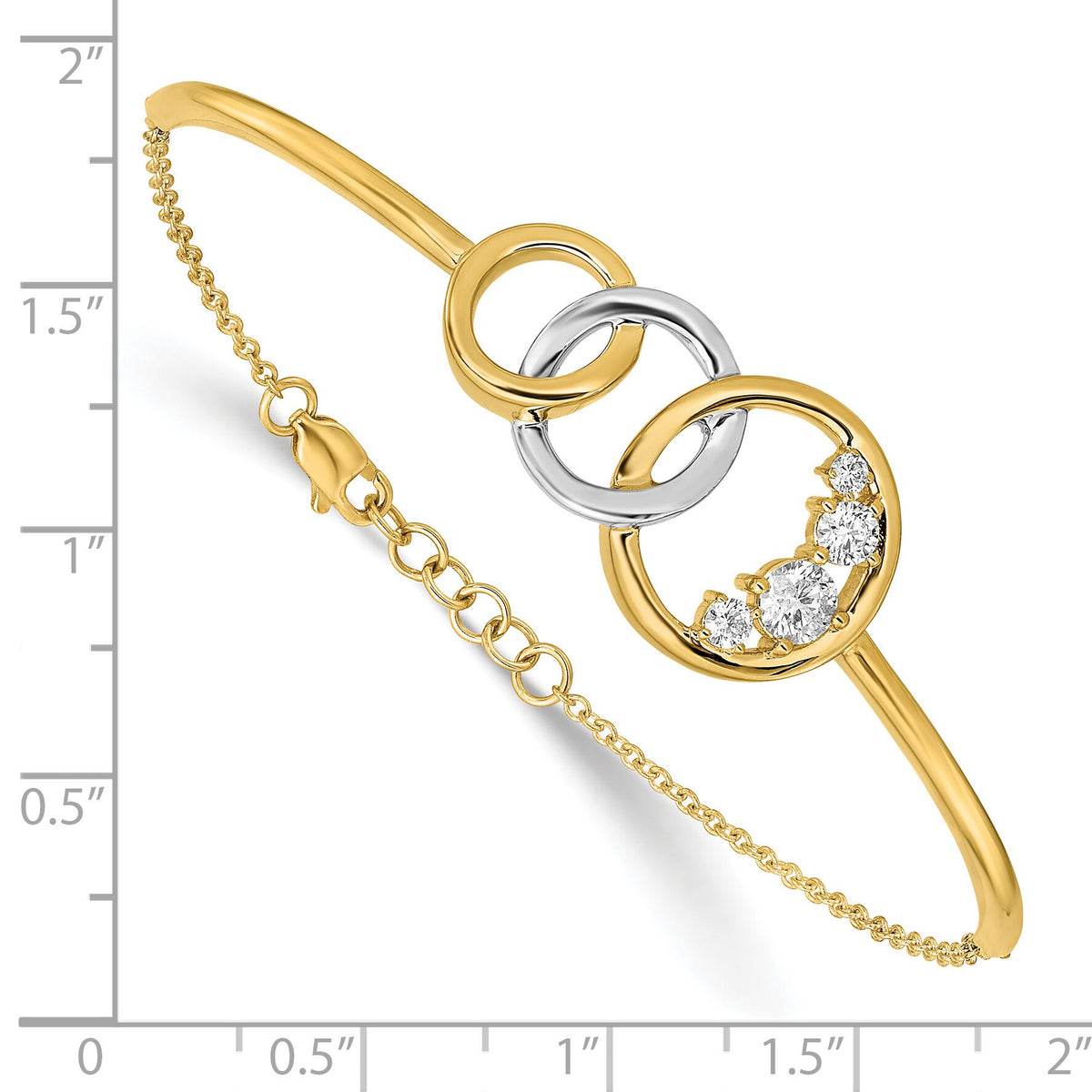 14k Two-tone Polished Diamond Trple Circle Bar 7in w/.5 ext Bracelet-BM6870-050-YWA