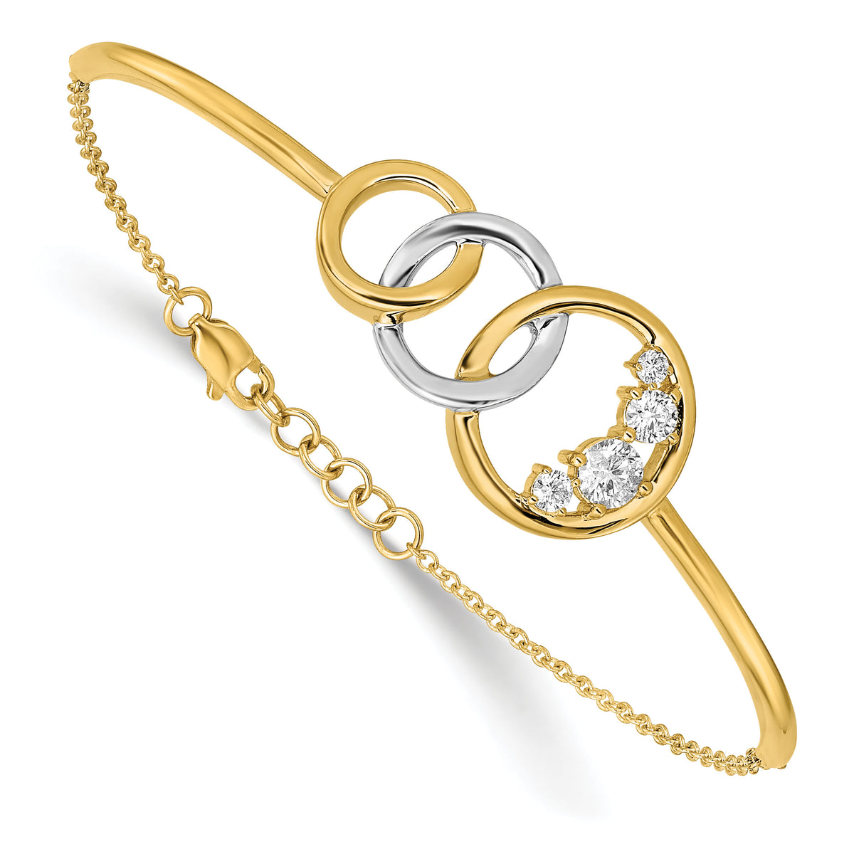 14k Two-tone Polished Diamond Trple Circle Bar 7in w/.5 ext Bracelet-BM6870-050-YWA