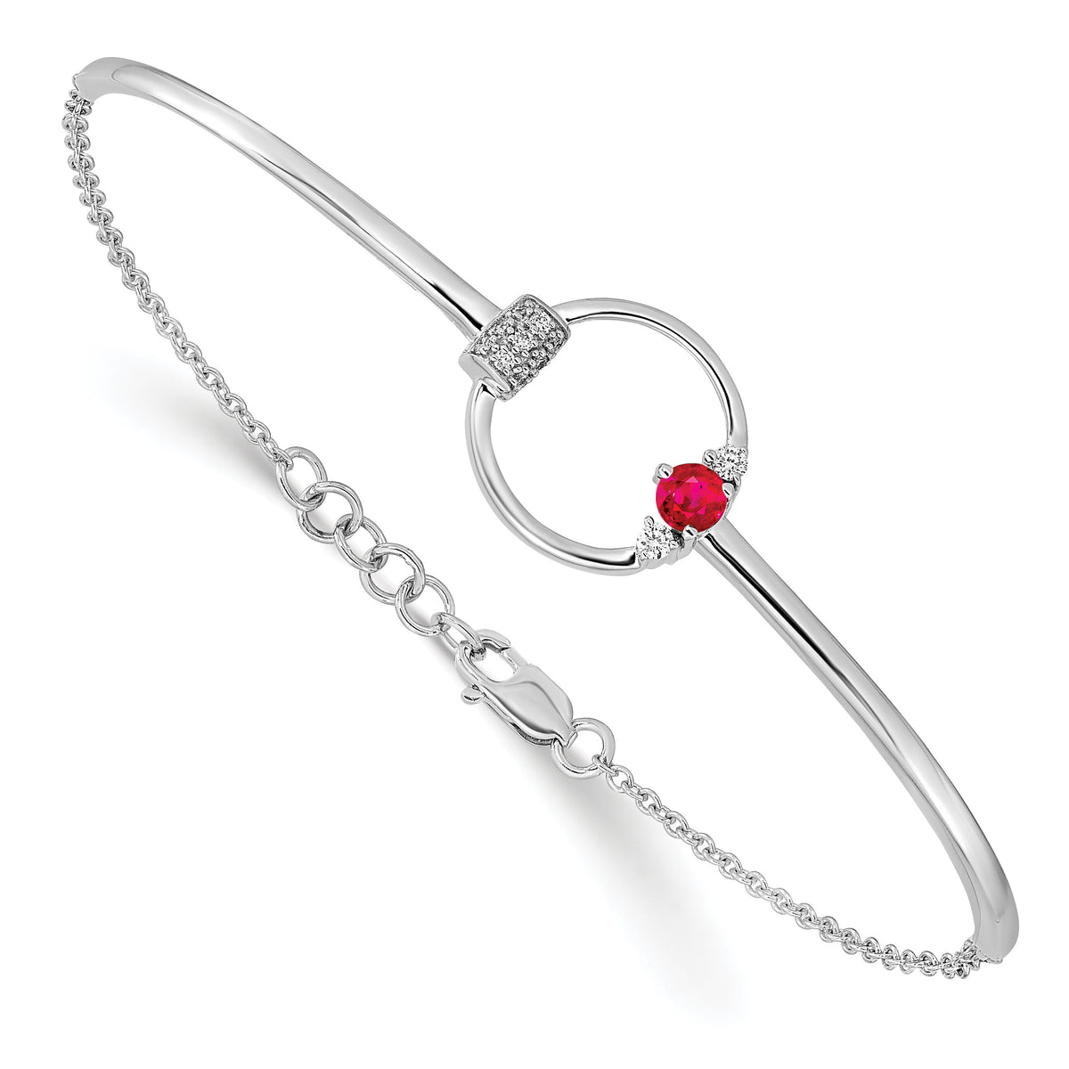 14k White Polished Diamond and Ruby Circle 7in w/.5in ext Bracelet-BM6886-RU-009-WA