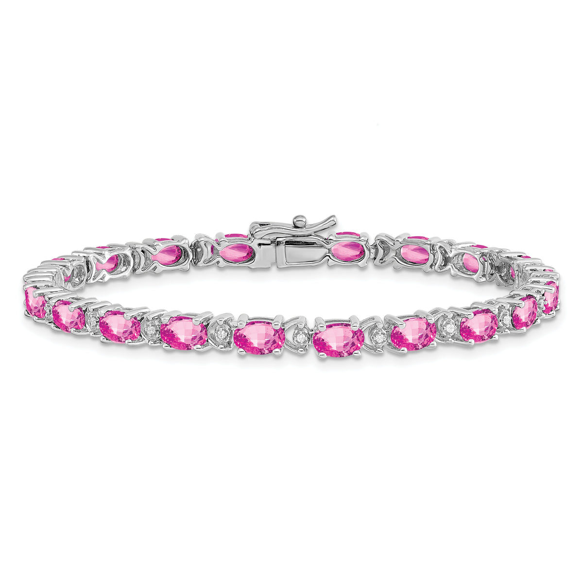 14k White Gold Oval Created Pink Sapphire and Diamond Bracelet-BM7147-CPS-010-WA