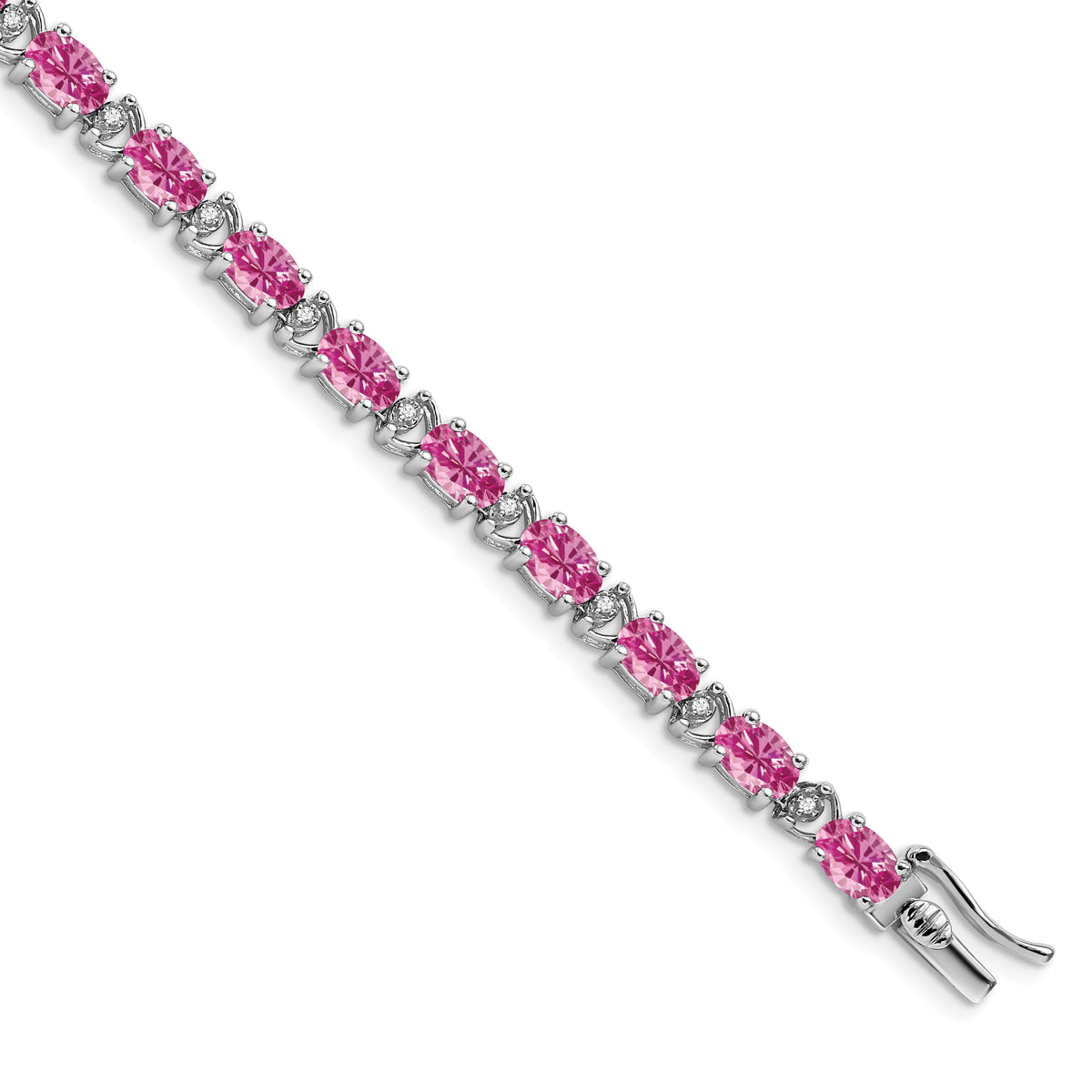 14k White Gold Oval Created Pink Sapphire and Diamond Bracelet-BM7147-CPS-010-WA