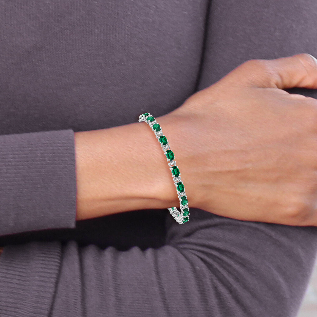 14k White Gold Oval Created Emerald and Diamond Bracelet-BM7147-EM-010-WA