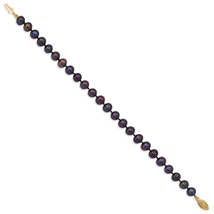 14k 6-7mm Black Near Round Freshwater Cultured Pearl Bracelet-BPN060-7.5