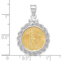 Wideband Distinguished Coin Jewelry 14k White Gold Polished Rope Mounted 1/10oz American Eagle Screw Top Coin Bezel Pendant-C1215W/16.5C