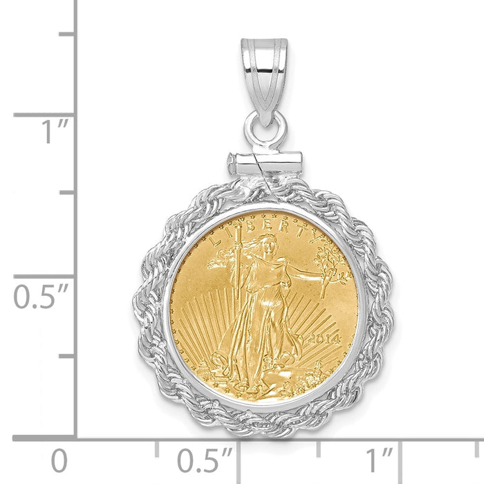 Wideband Distinguished Coin Jewelry 14k White Gold Polished Rope Mounted 1/10oz American Eagle Screw Top Coin Bezel Pendant-C1215W/16.5C