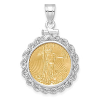 Wideband Distinguished Coin Jewelry 14k White Gold Polished Rope Mounted 1/10oz American Eagle Screw Top Coin Bezel Pendant-C1215W/16.5C