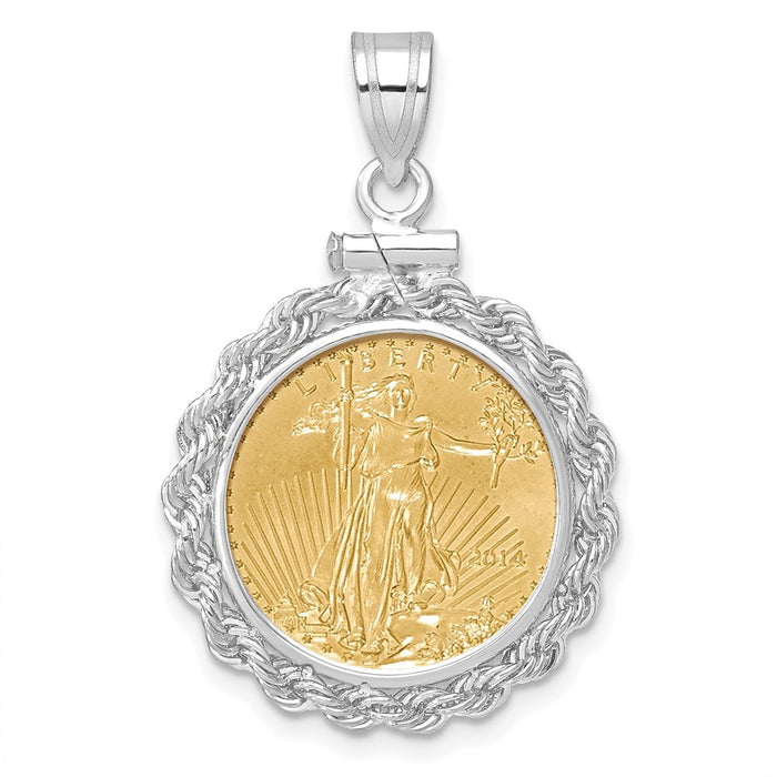 Wideband Distinguished Coin Jewelry 14k White Gold Polished Rope Mounted 1/10oz American Eagle Screw Top Coin Bezel Pendant-C1215W/16.5C