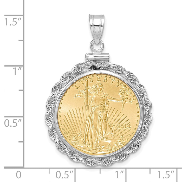 Wideband Distinguished Coin Jewelry 14k White Gold Polished Rope Mounted 1/4oz American Eagle Screw Top Coin Bezel Pendant-C1215W/22.0C