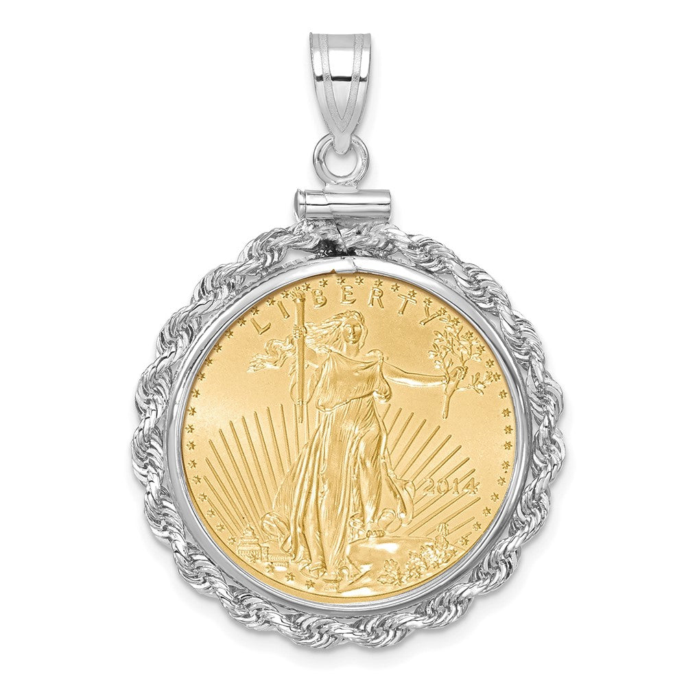 Wideband Distinguished Coin Jewelry 14k White Gold Polished Rope Mounted 1/4oz American Eagle Screw Top Coin Bezel Pendant-C1215W/22.0C