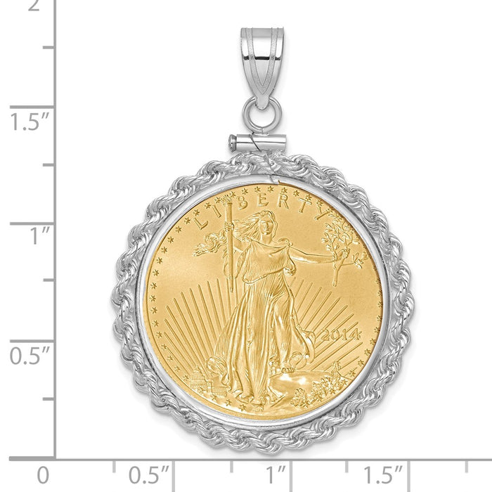 Wideband Distinguished Coin Jewelry 14k White Gold Polished Rope Mounted 1/2oz American Eagle Screw Top Coin Bezel Pendant-C1215W/27.0C