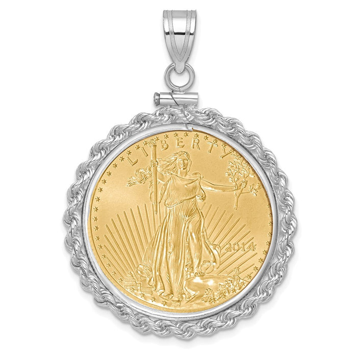 Wideband Distinguished Coin Jewelry 14k White Gold Polished Rope Mounted 1/2oz American Eagle Screw Top Coin Bezel Pendant-C1215W/27.0C