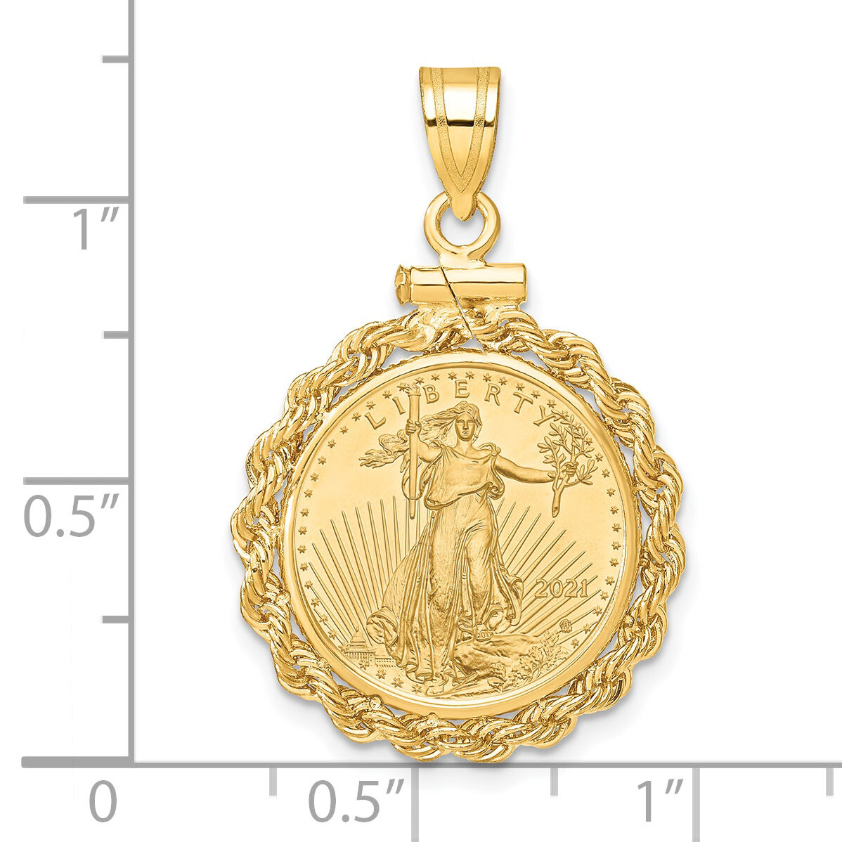 14k Polished Rope Mntd 1/10oz AM Eagle Screw Top Coin Bezel Pendant-C1215/16.5C