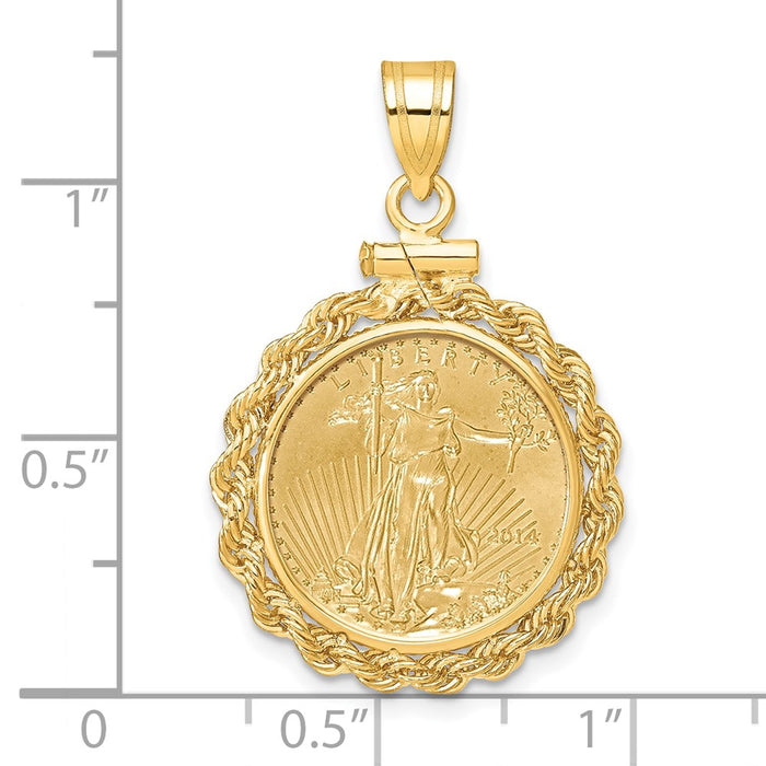 Wideband Distinguished Coin Jewelry 14k Polished Rope Mounted 1/10oz American Eagle Screw Top Coin Bezel Pendant-C1215/16.5C