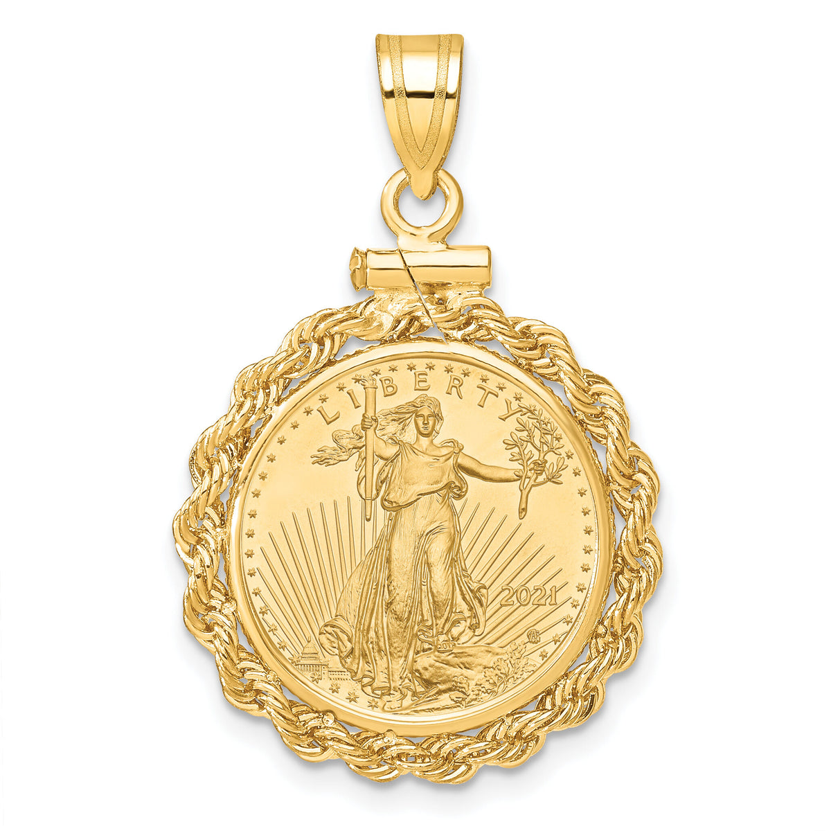 14k Polished Rope Mntd 1/10oz AM Eagle Screw Top Coin Bezel Pendant-C1215/16.5C