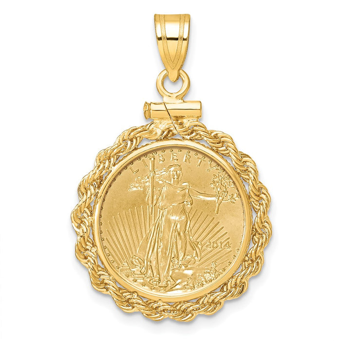 Wideband Distinguished Coin Jewelry 14k Polished Rope Mounted 1/10oz American Eagle Screw Top Coin Bezel Pendant-C1215/16.5C