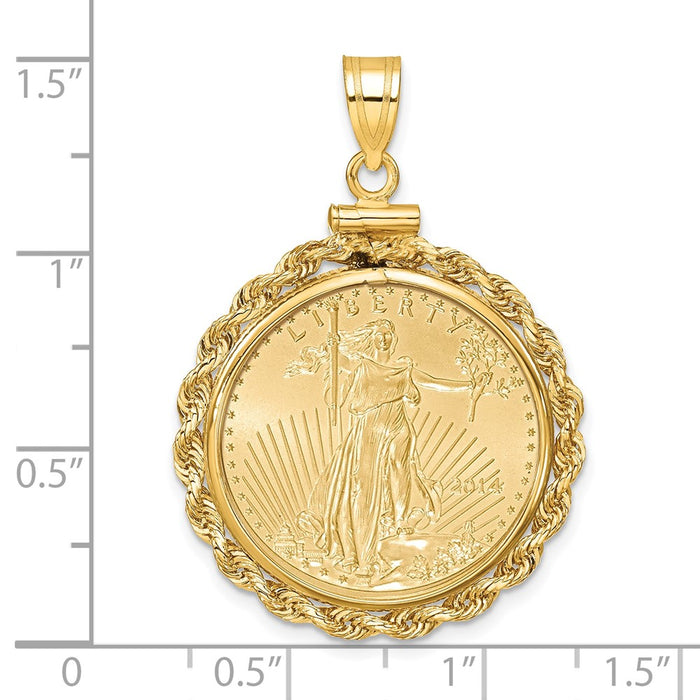 Wideband Distinguished Coin Jewelry 14k Polished Rope Mounted 1/4oz American Eagle Screw Top Coin Bezel Pendant-C1215/22.0C