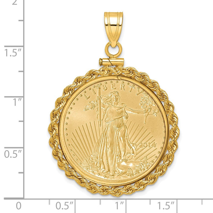 Wideband Distinguished Coin Jewelry 14k Polished Rope Mounted 1/2oz American Eagle Screw Top Coin Bezel Pendant-C1215/27.0C