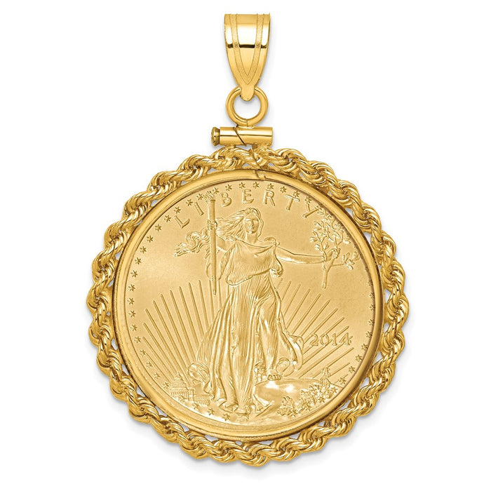 Wideband Distinguished Coin Jewelry 14k Polished Rope Mounted 1/2oz American Eagle Screw Top Coin Bezel Pendant-C1215/27.0C