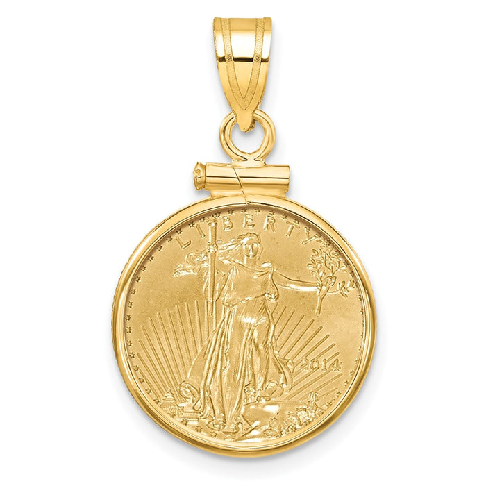 Wideband Distinguished Coin Jewelry 14k Polished Mounted 1/10oz American Eagle Screw Top Coin Bezel Pendant-C1885/16.5C