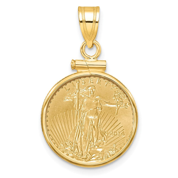 Wideband Distinguished Coin Jewelry 14k Polished Mounted 1/10oz American Eagle Screw Top Coin Bezel Pendant-C1885/16.5C