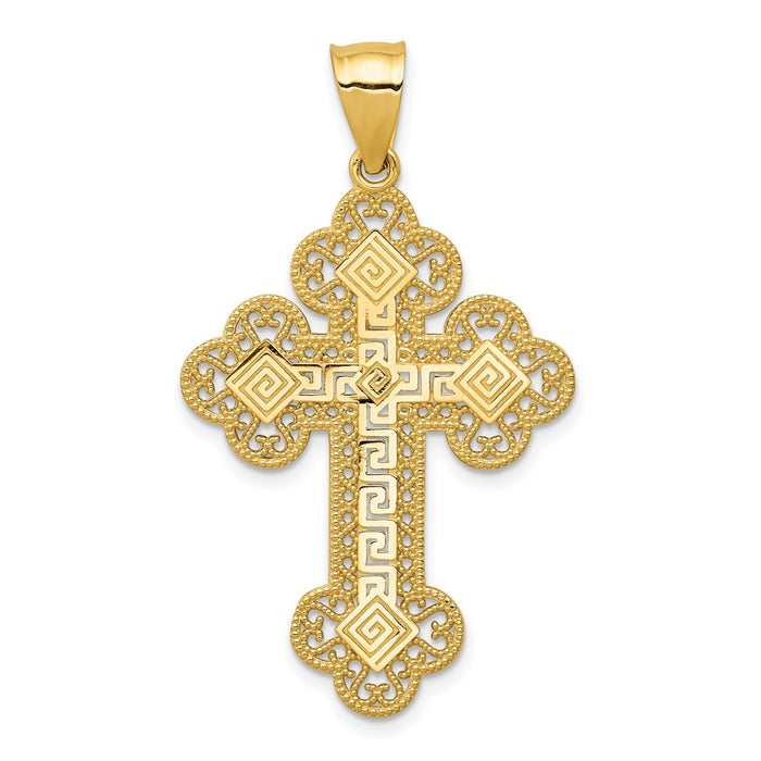 14k Budded Greek Key Cross Pendant-C1924