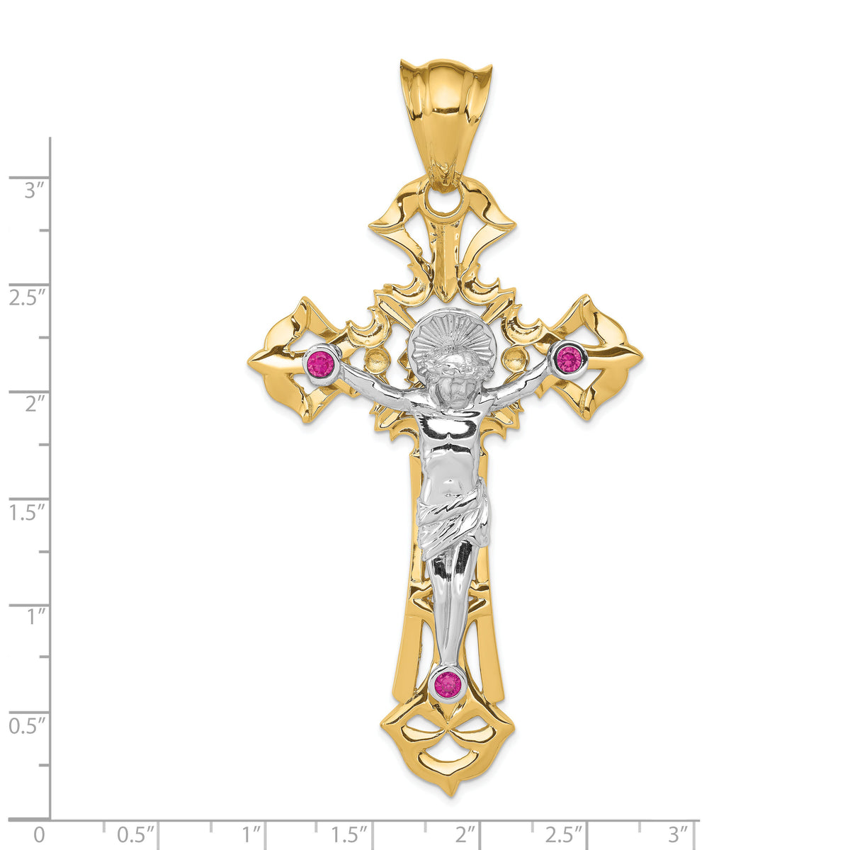 14k Two-tone Polished with Red CZs Crucifix Pendant-C2035