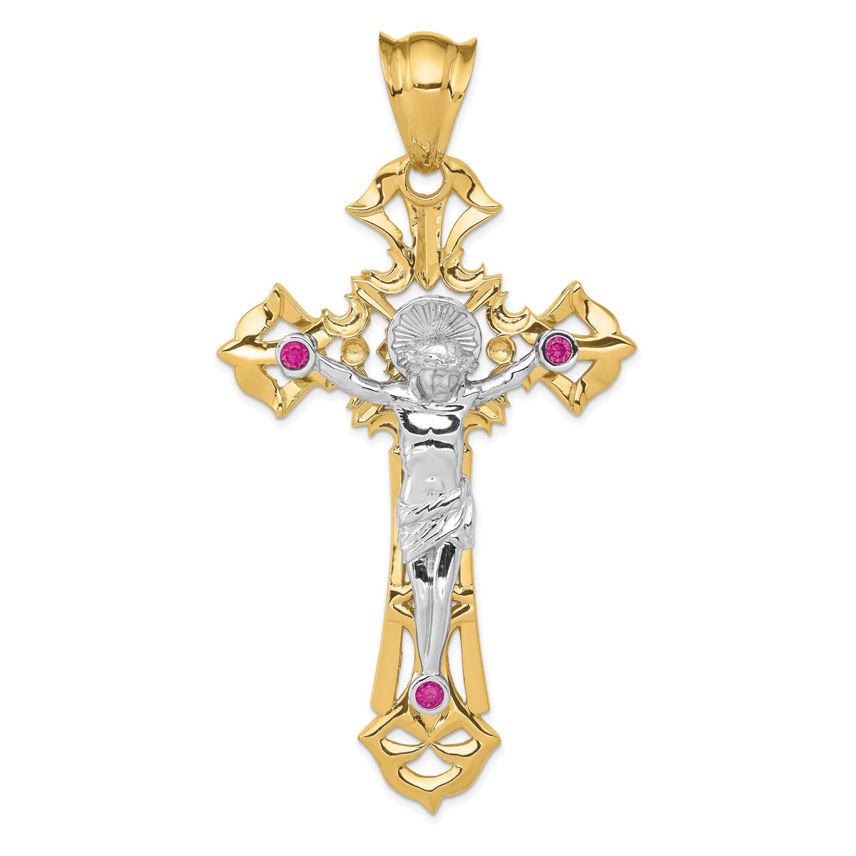 14k Two-tone Polished with Red CZs Crucifix Pendant-C2035