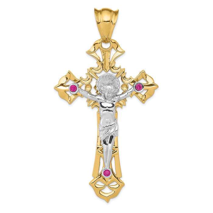 14k Two-tone Polished with Red CZs Crucifix Pendant-C2035