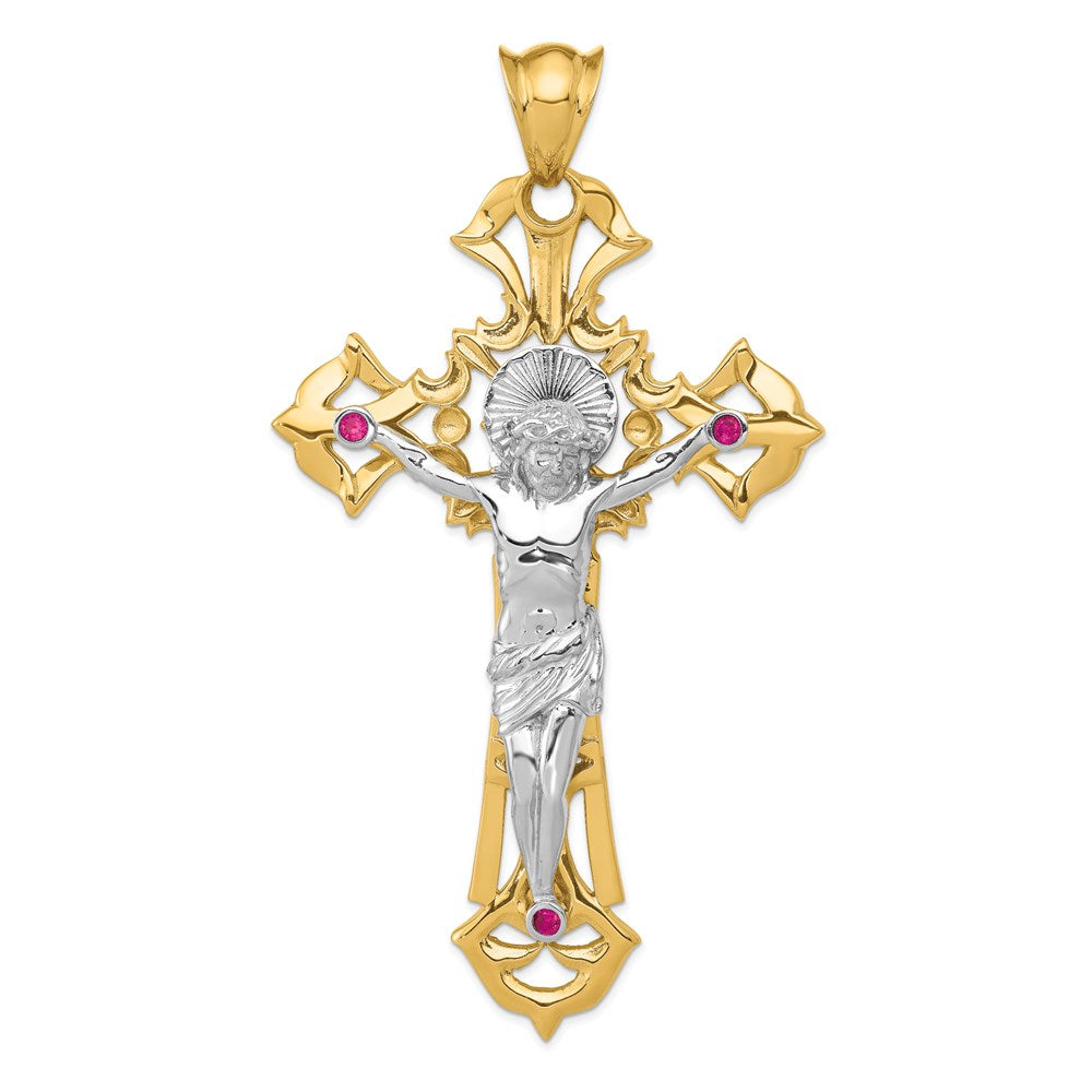 14k Two-tone Polished with Red CZs Crucifix Pendant-C2036