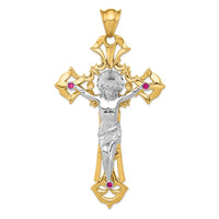 14k Two-tone Polished with Red CZs Crucifix Pendant-C2036