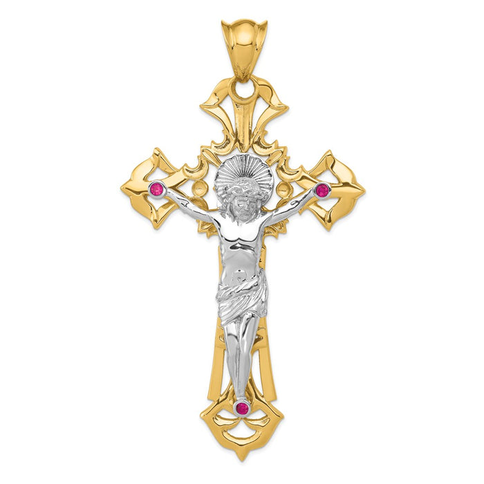 14k Two-tone Polished with Red CZs Crucifix Pendant-C2036