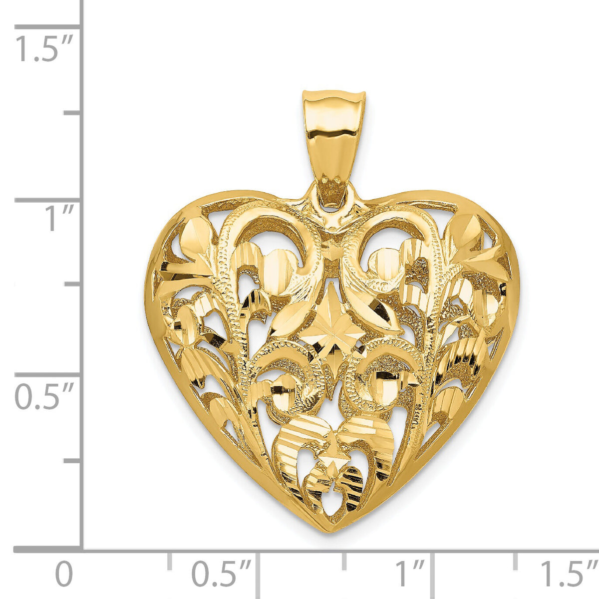 14K Polished Diamond-cut Filigree 3-D Heart Pendant-C205