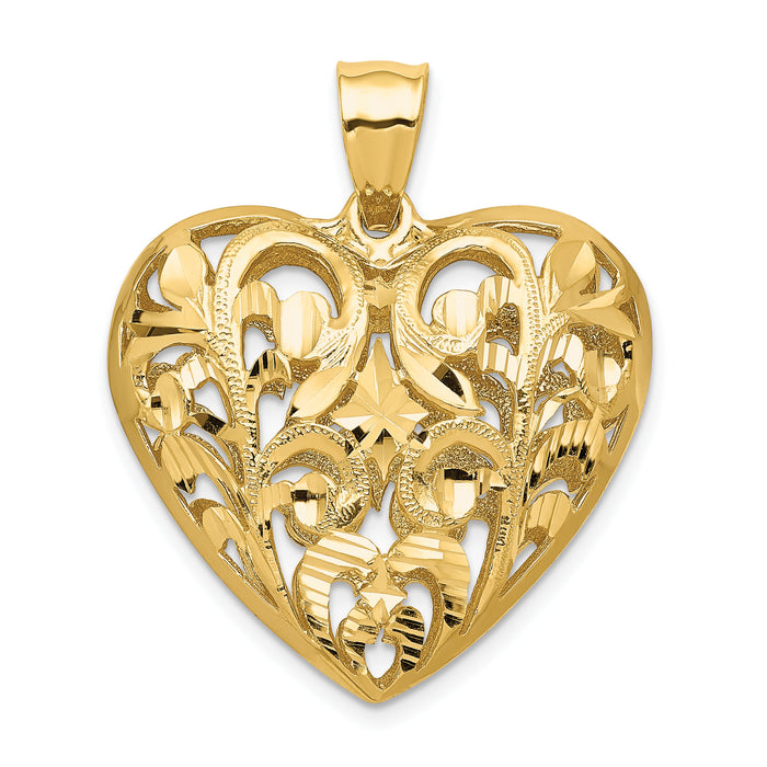 14K Polished Diamond-cut Filigree 3-D Heart Pendant-C205