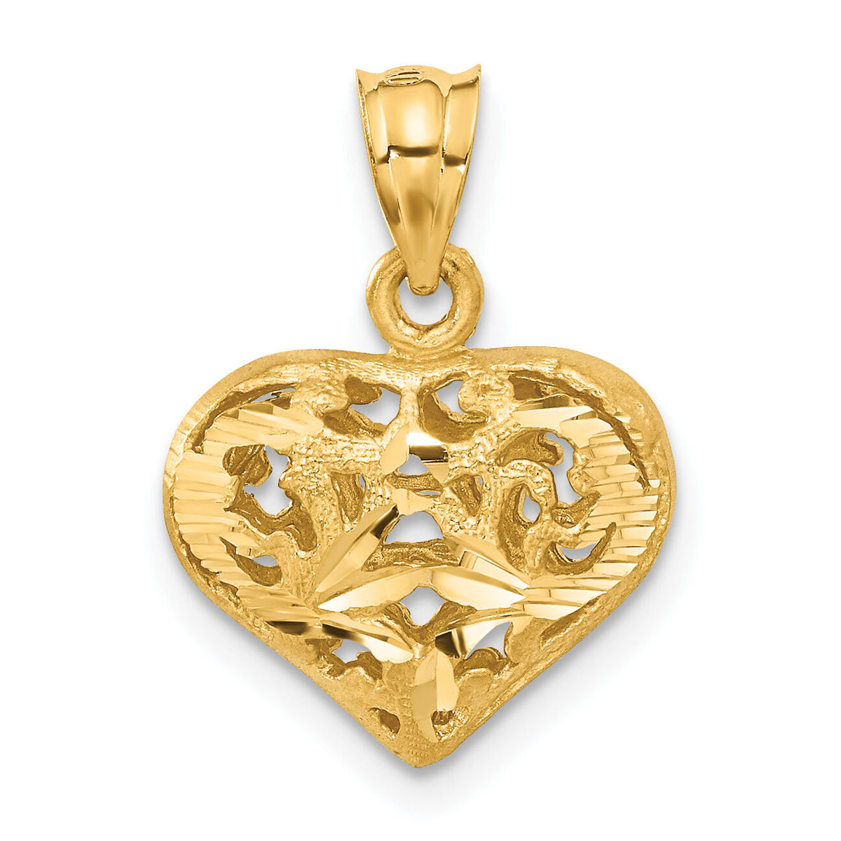 14K Polished 3-D Filigree Puffed Heart Pendant-C207