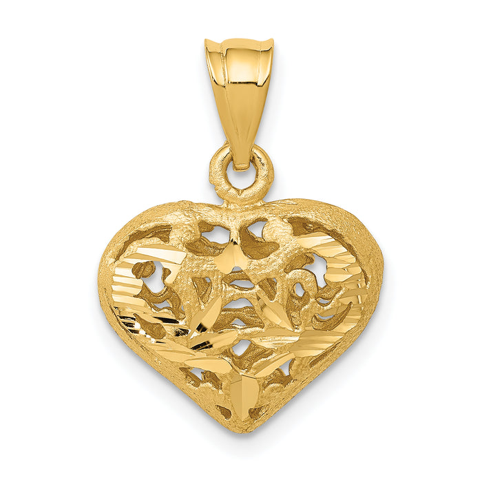 14K Polished 3-D Filigree Puffed Heart Pendant-C207