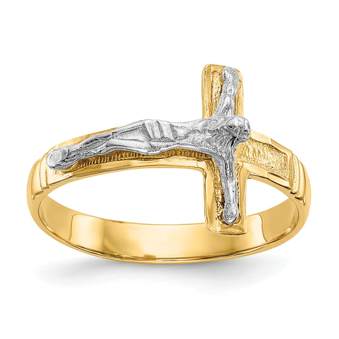14K Two-Tone Polished Diamond-Cut Mens Crucifix Ring-C2116