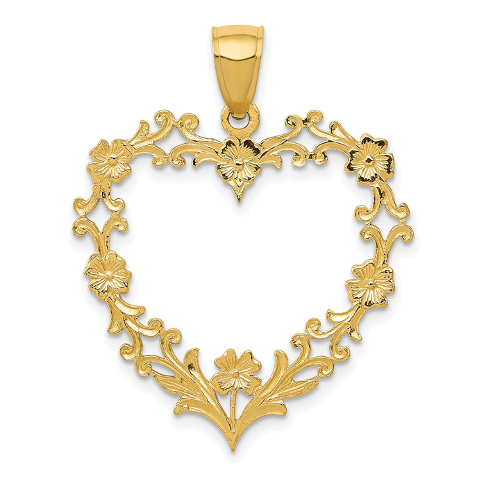 14K Polished Floral Border Heart Pendant-C2149