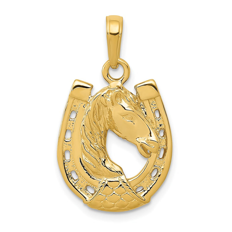 14k Solid Polished Horse Head in Horseshoe Pendant-C2201