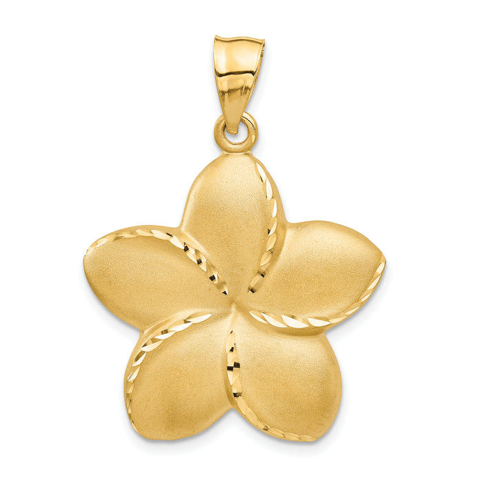 14k Satin Diamond-cut Open-Backed Large Plumeria Pendant-C2343