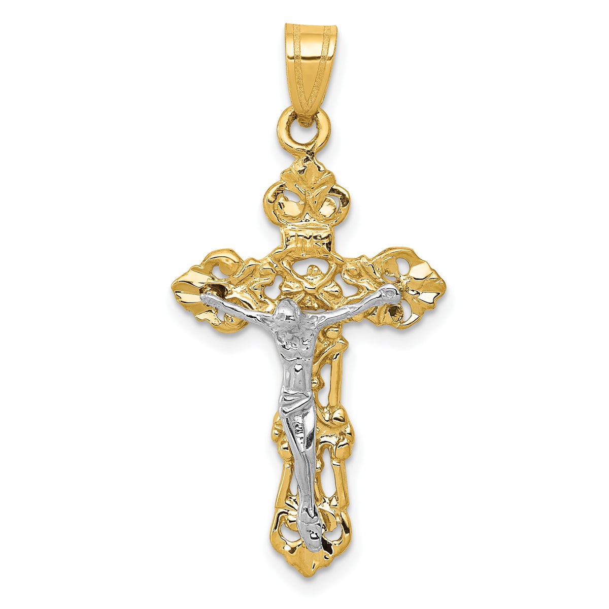 14k Two-tone Fleur De Lis Crucifix Pendant-C241
