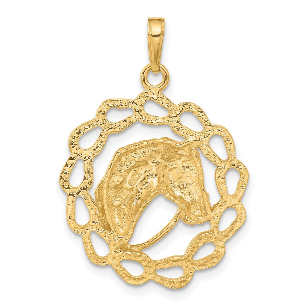 14k Solid Polished Horse Head in Horseshoes Pendant-C2417