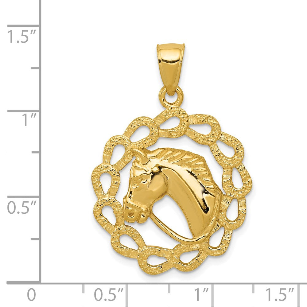 14k Solid Polished Horse Head in Horseshoes Pendant-C2417