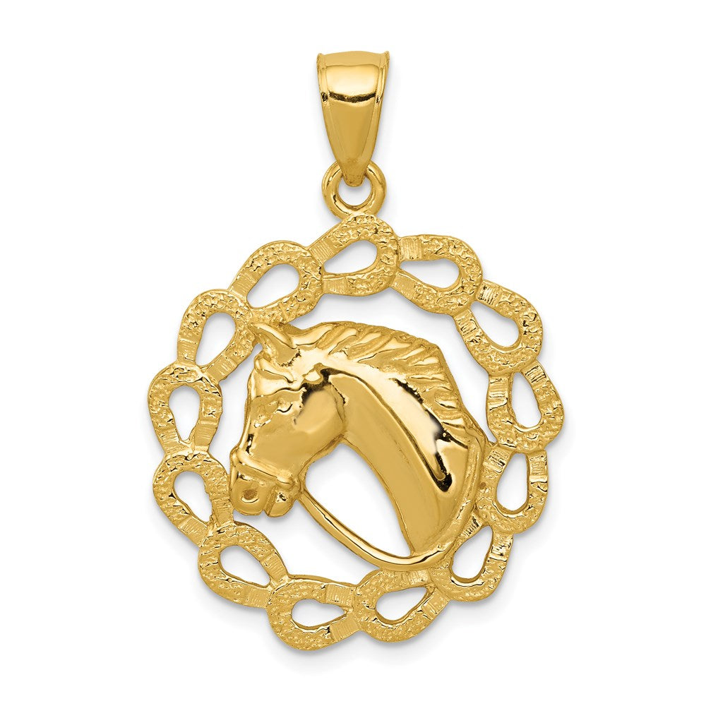 14k Solid Polished Horse Head in Horseshoes Pendant-C2417