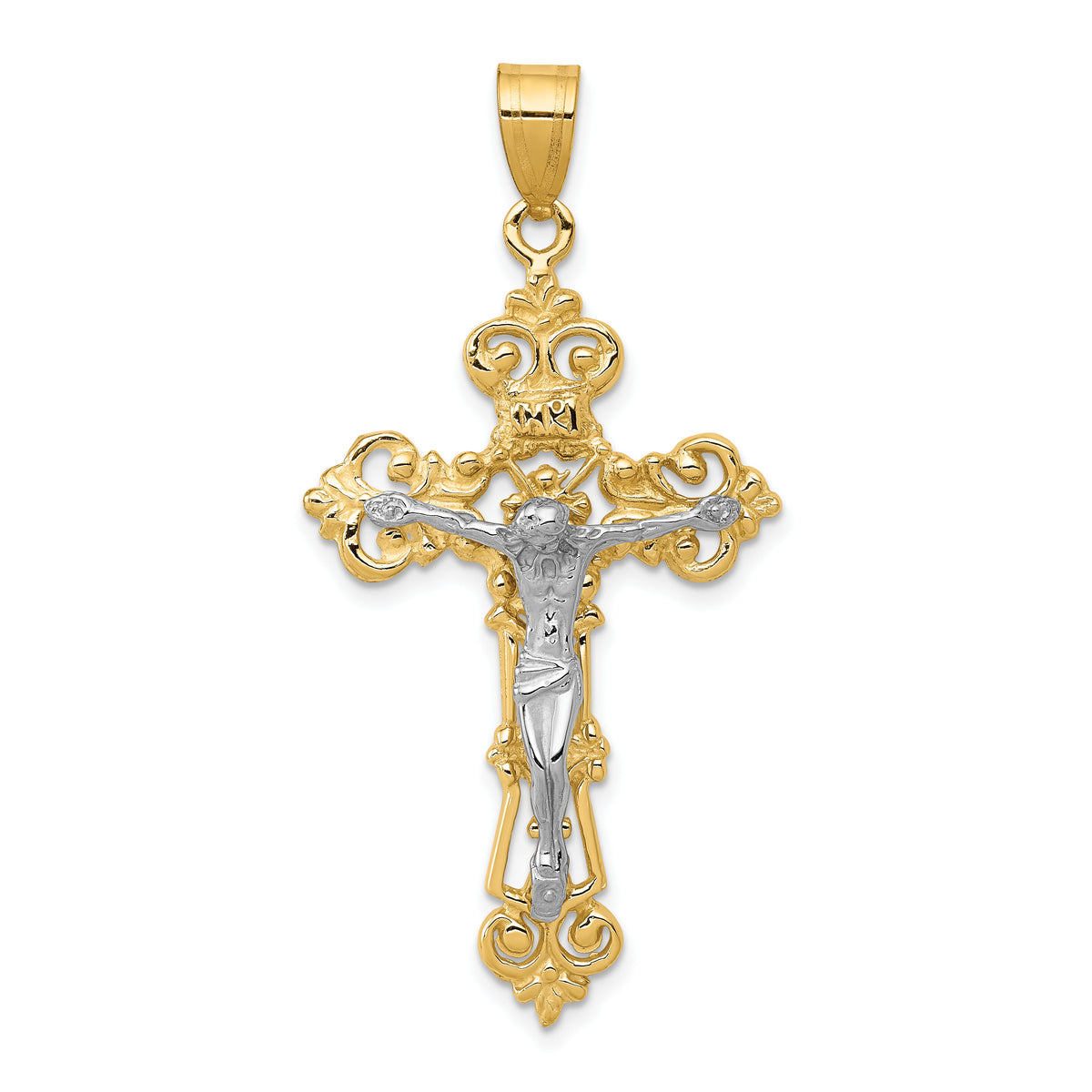 14k Two-tone INRI Fleur De Lis Crucifix Pendant-C242