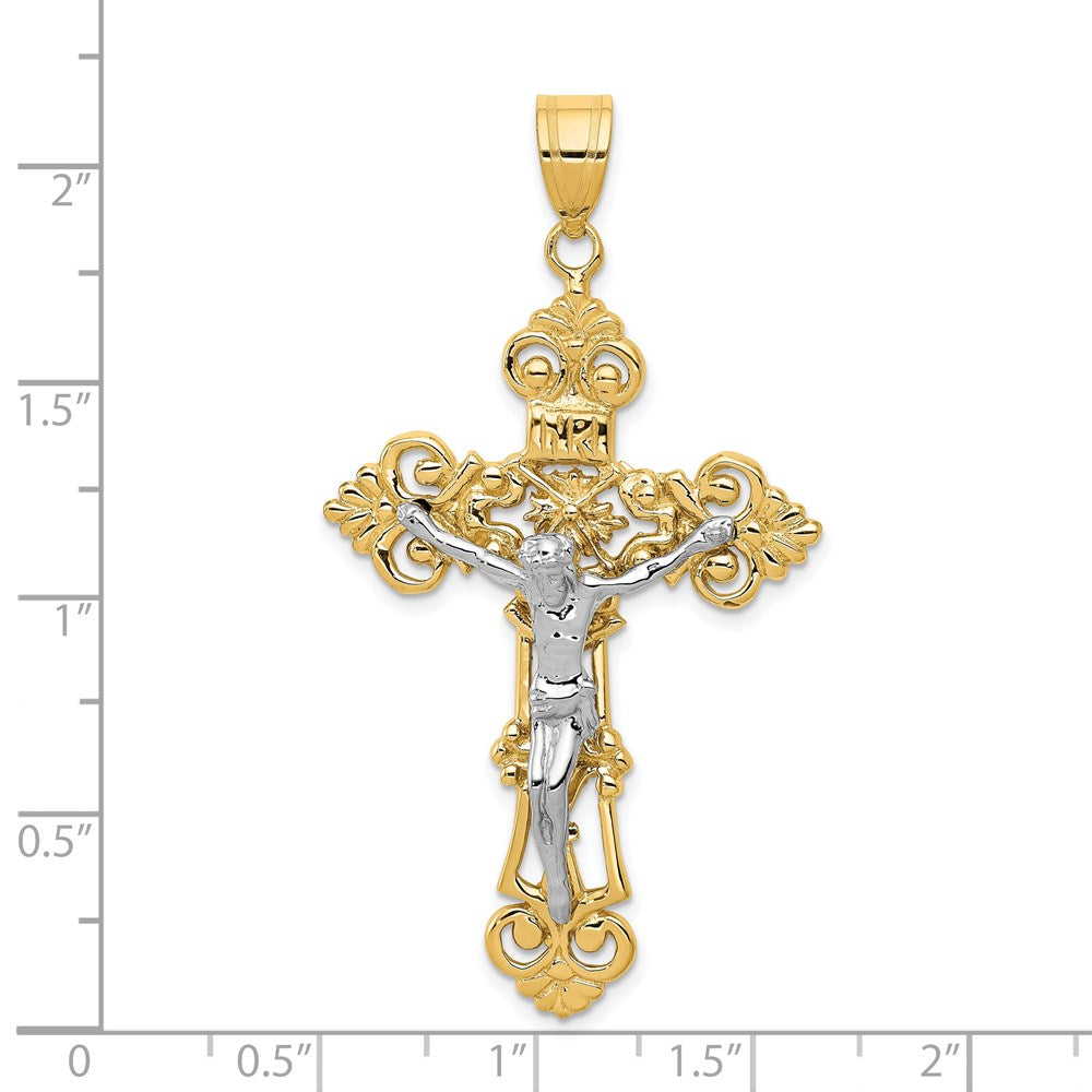 14k Two-tone INRI Fleur De Lis Crucifix Pendant-C243