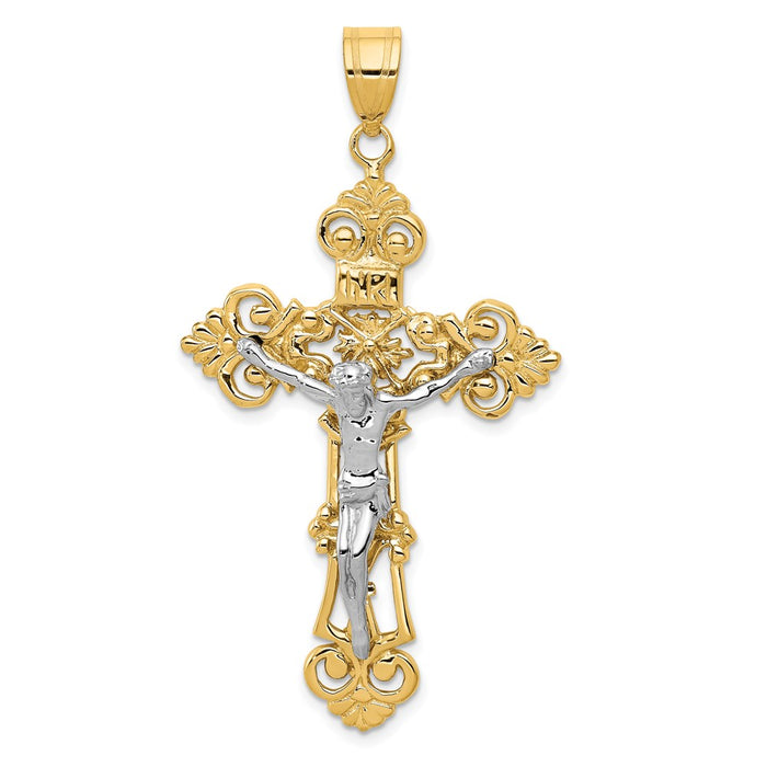 14k Two-tone INRI Fleur De Lis Crucifix Pendant-C243