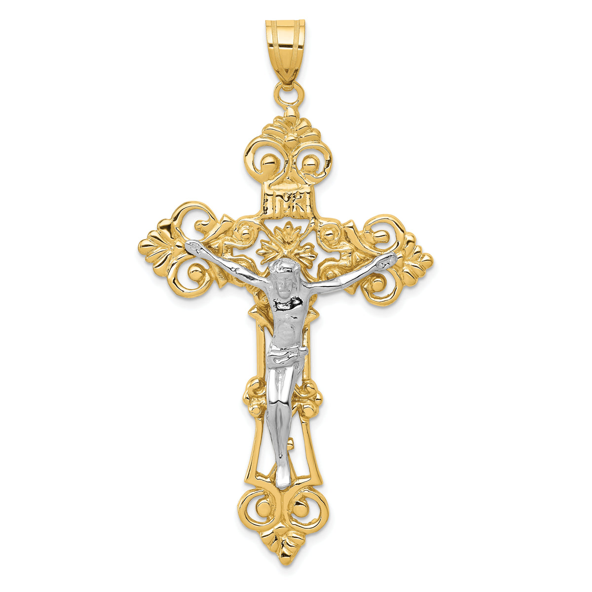 14k Two-tone INRI Fleur De Lis Crucifix Pendant-C244