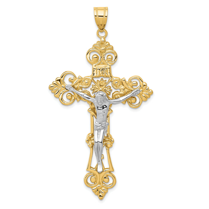 14k Two-tone INRI Fleur De Lis Crucifix Pendant-C244