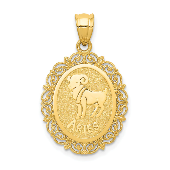 14k Solid Satin Polished Aries Zodiac Oval Pendant-C2843