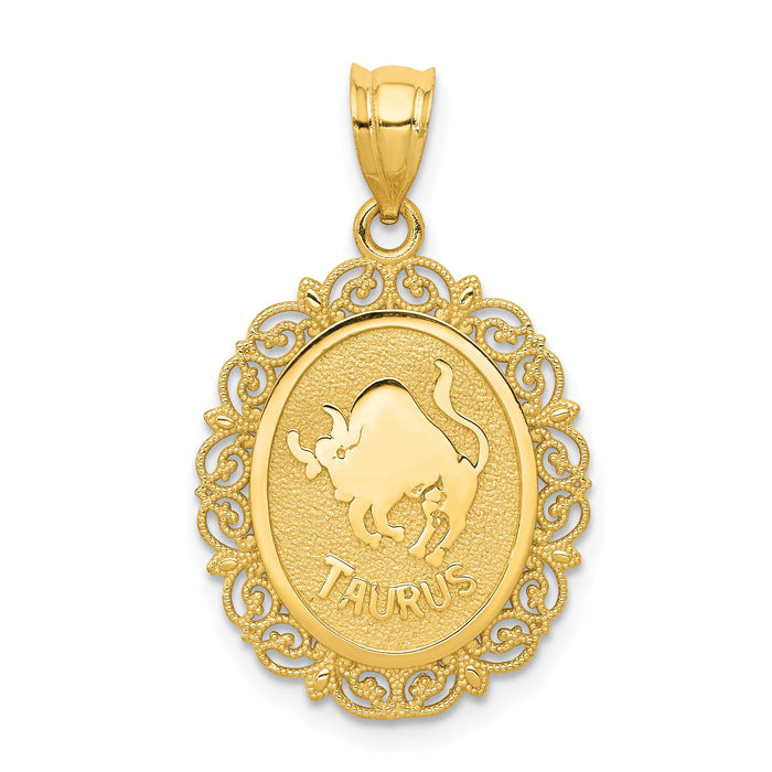 14k Solid Satin Polished Taurus Zodiac Oval Pendant-C2844